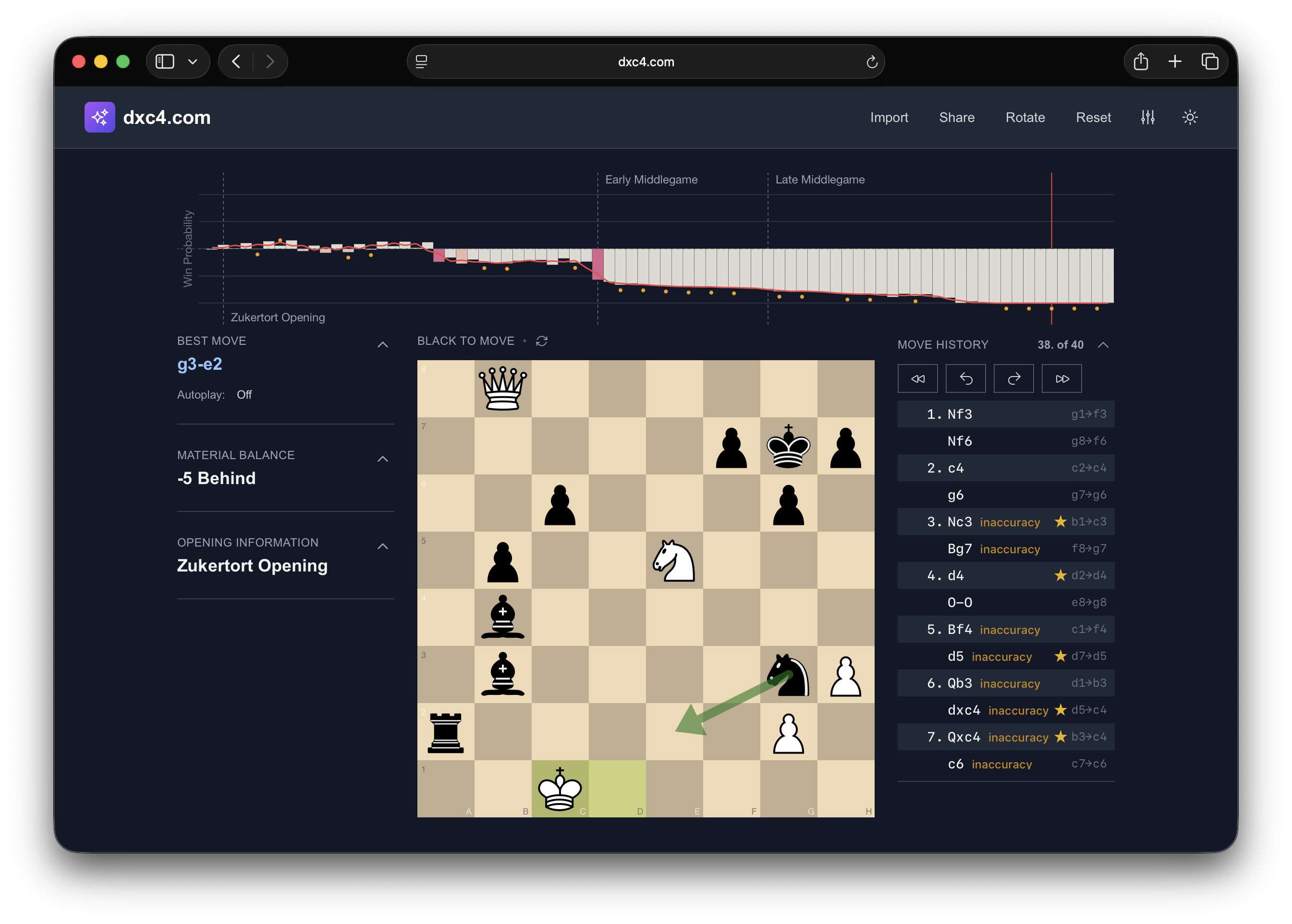 Chess analysis interface showing position evaluation, opening information, and move history